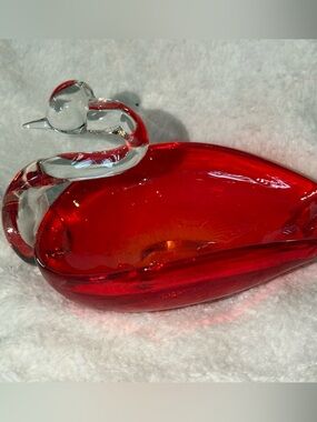Vintage 1940s Duncan Miller Pall Mall Swan Bowl - Ruby Red & Clear Hand Blown Ar